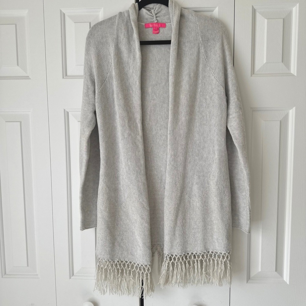 Lilly Pulitzer Gray Metallic Shimmer Fringe Open Front Cardigan Sweater Medium